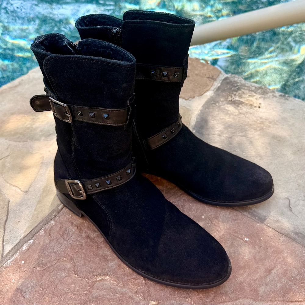 Sesto Meucci Black Suede Studded‎ Buckle Ankle Boots Zip Italy 9.5